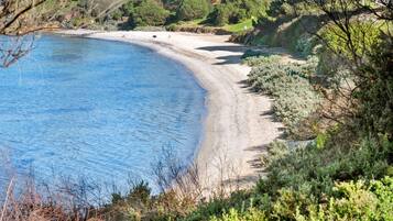 A coastal landscape with a curved beach, dense vegetation, and a clear blue sky.