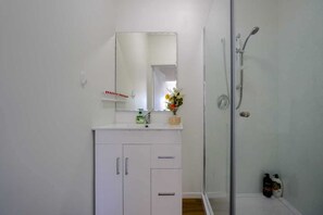 Chuveiro, secador de cabelo, toalhas de banho, sabonete