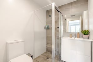 Shower, hair dryer, towels, soap