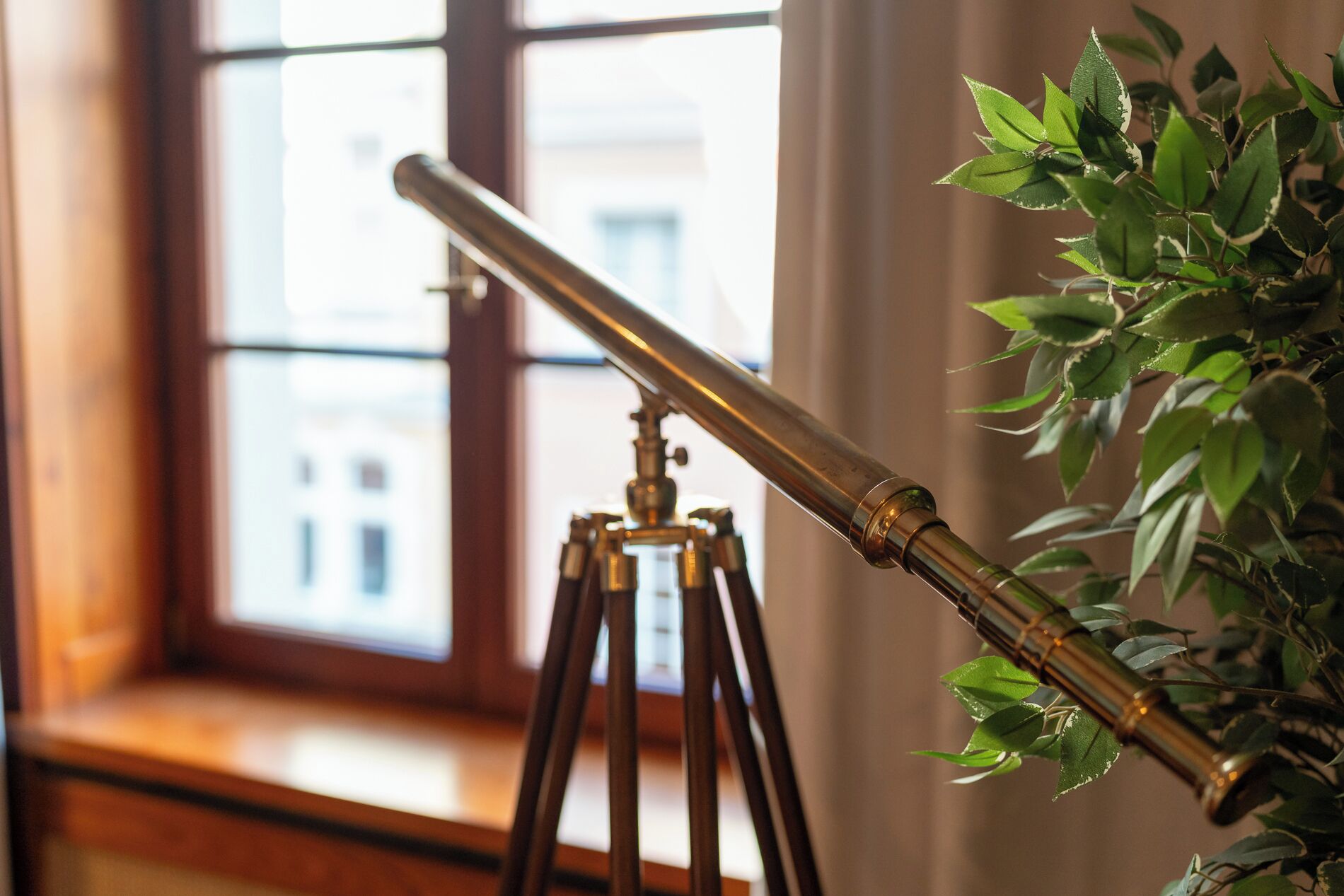 A brass telescope on a tripod in a room with a large window and a potted plant.