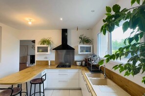 Fridge, oven, dishwasher, cookware/dishes/utensils