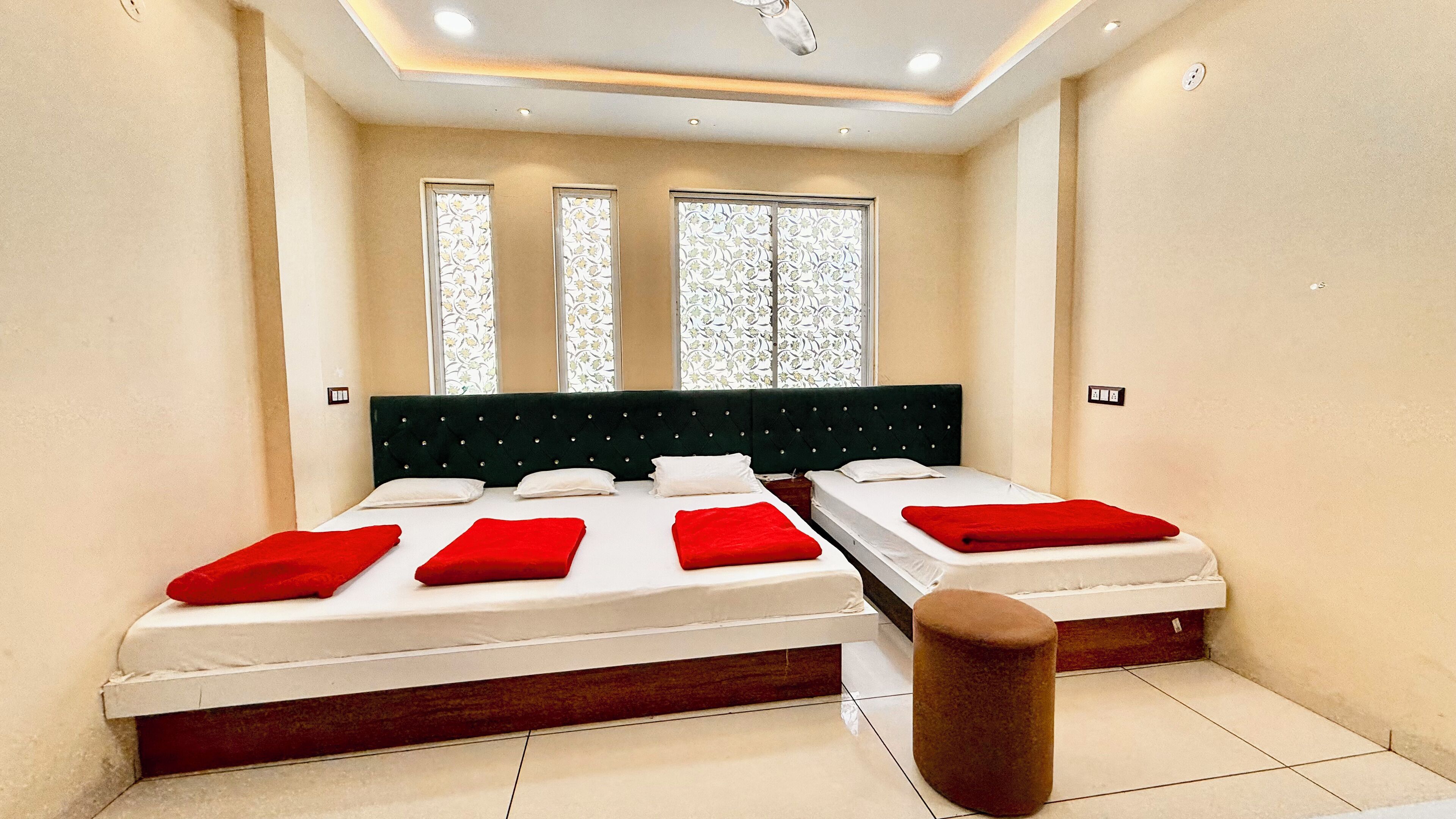 Premium bedding, desk, laptop workspace, soundproofing