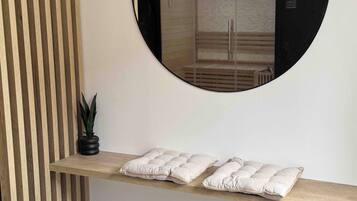 Hair dryer, towels, soap, shampoo