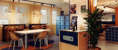 A modern interior with a reception desk, seating area, and lockers.