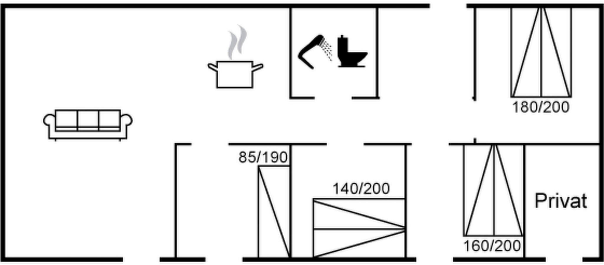 Distribución de una habitación de hotel con cama, kitchenette, ducha y baño privado.