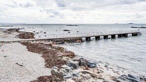 A coastal scene with a rocky beach, a pier extending into the water, and a cloudy sky.