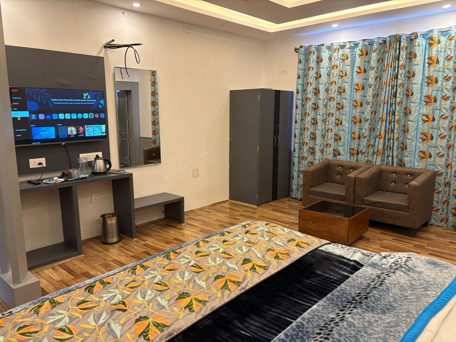 A modern bedroom with a bed, a TV, a sofa, and a wardrobe.