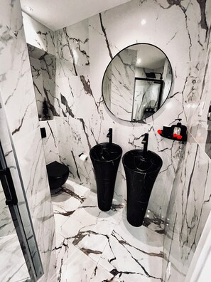 Chuveiro, toalhas de banho, sabonete, papel higiênico