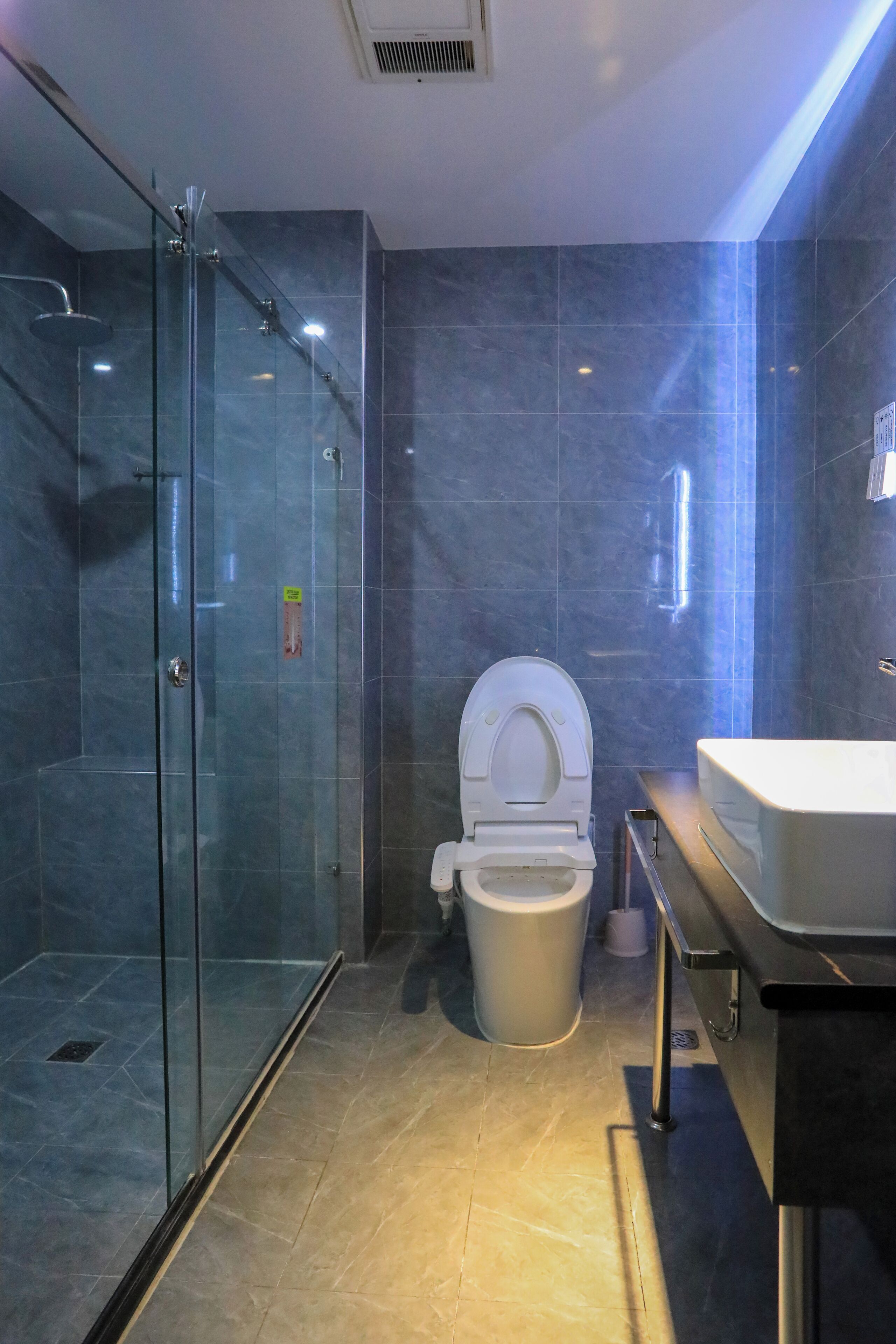 A modern bathroom with a glass-enclosed shower, a toilet, and a sink.