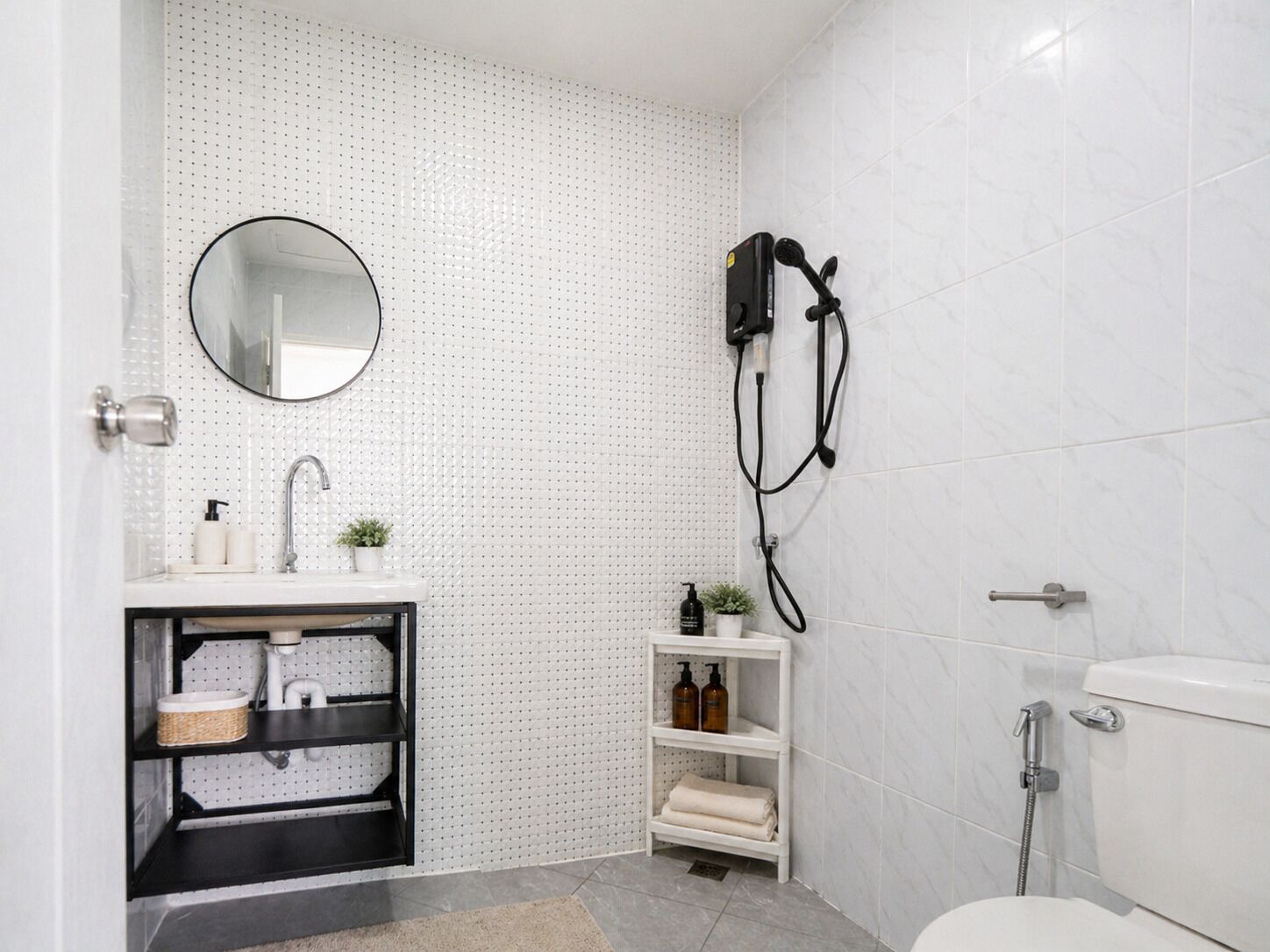 Hair dryer, towels, soap, toilet paper