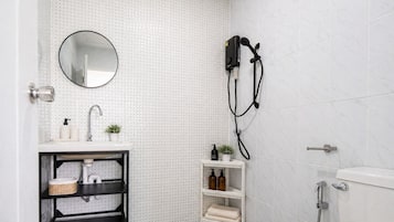 Hair dryer, towels, soap, toilet paper