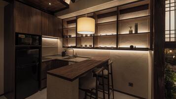 Fridge, coffee/tea maker, cookware/dishes/utensils