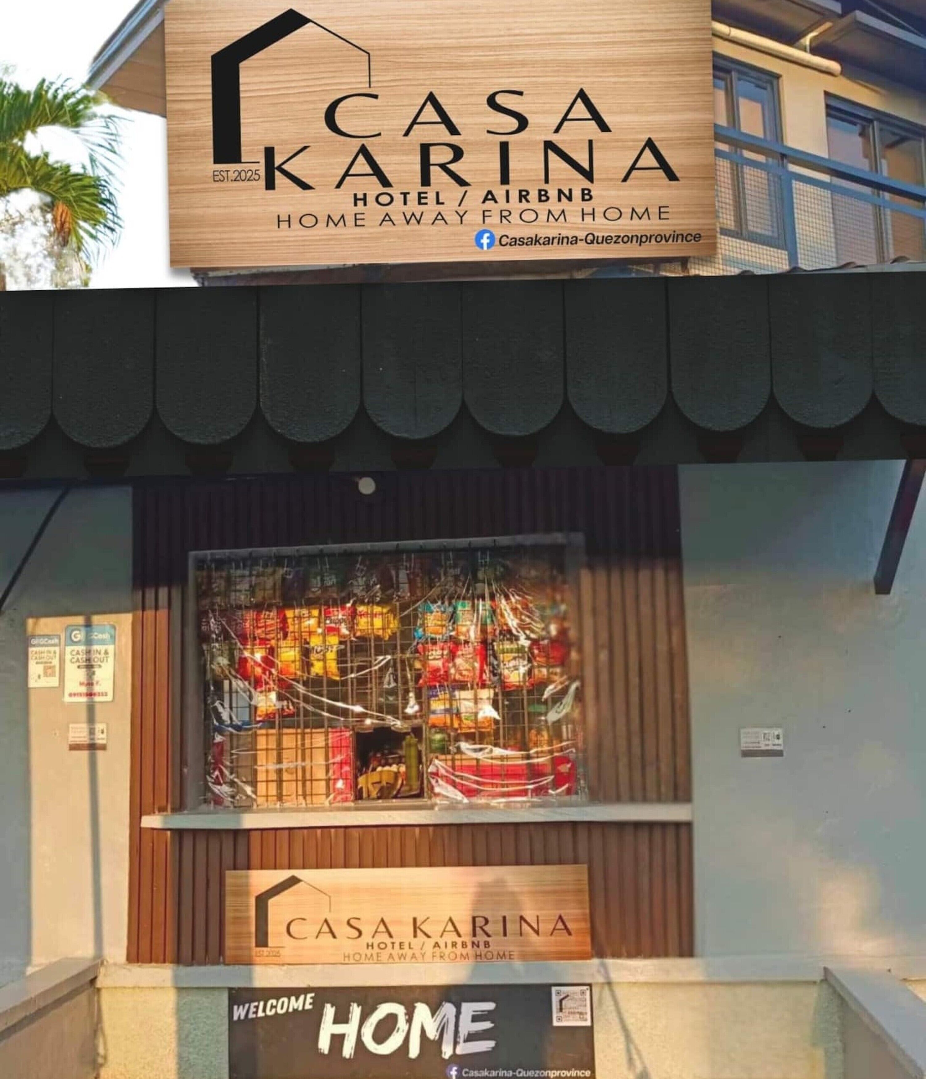 A hotel sign for Casa Karina, indicating it is a hotel and Airbnb.