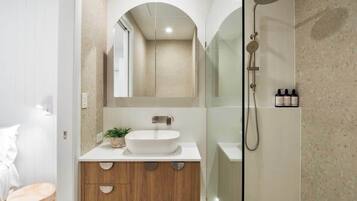 Shower, hair dryer, shampoo