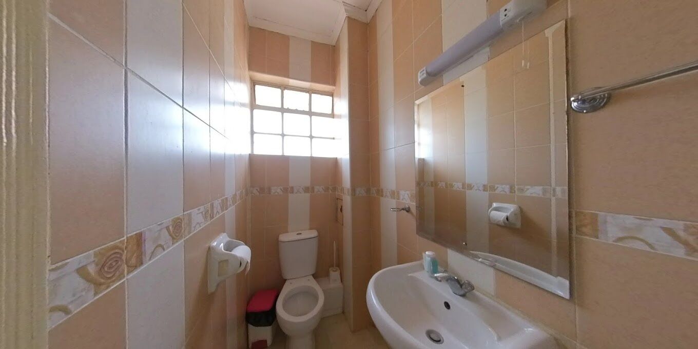 A bathroom with a toilet, sink, and mirror.