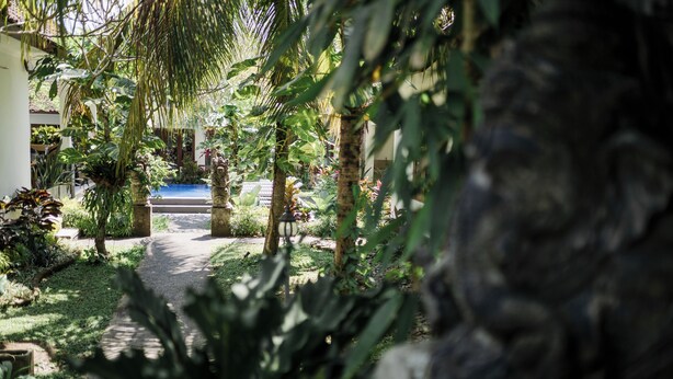 A garden pathway with tropical plants and a blue pool in the background. - Sundhara View Ubud (Sukawati)