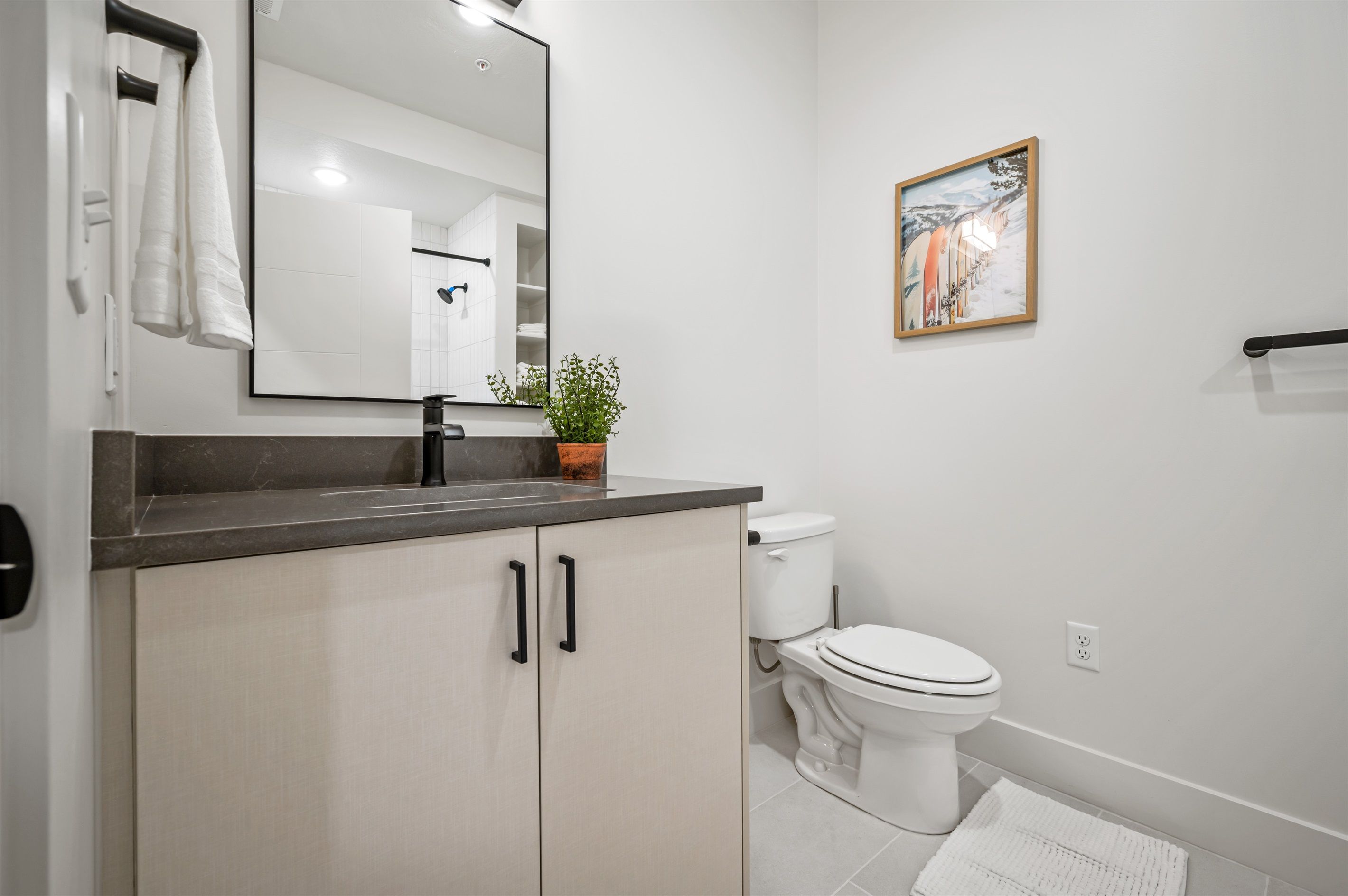 A modern bathroom with a toilet, a sink with a mirror, and a potted plant.