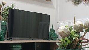 A modern living room with a flat-screen TV, wooden shelves, decorative plates, and a green vase with flowers.