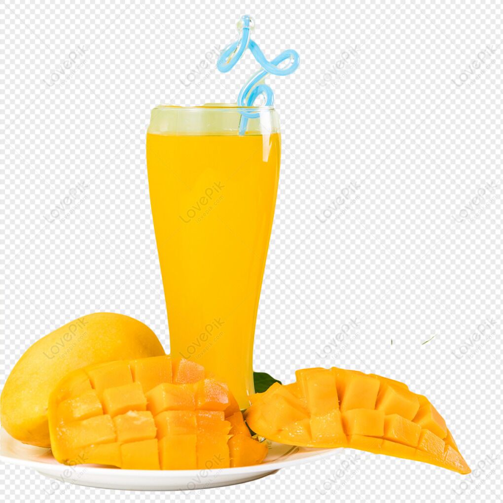 Un vaso de jugo de naranja con una pajita azul y una manga entera a un lado.