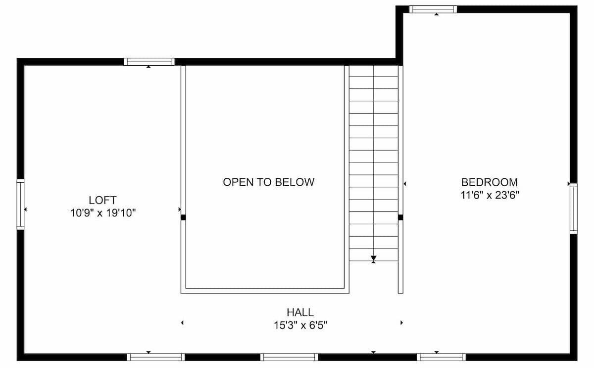 Un plan d’étage comprenant une mezzanine de 3,28 m x 6,05 m, une chambre de 3,51 m x 7,16 m et un couloir de 4,65 m x 1,96 m.