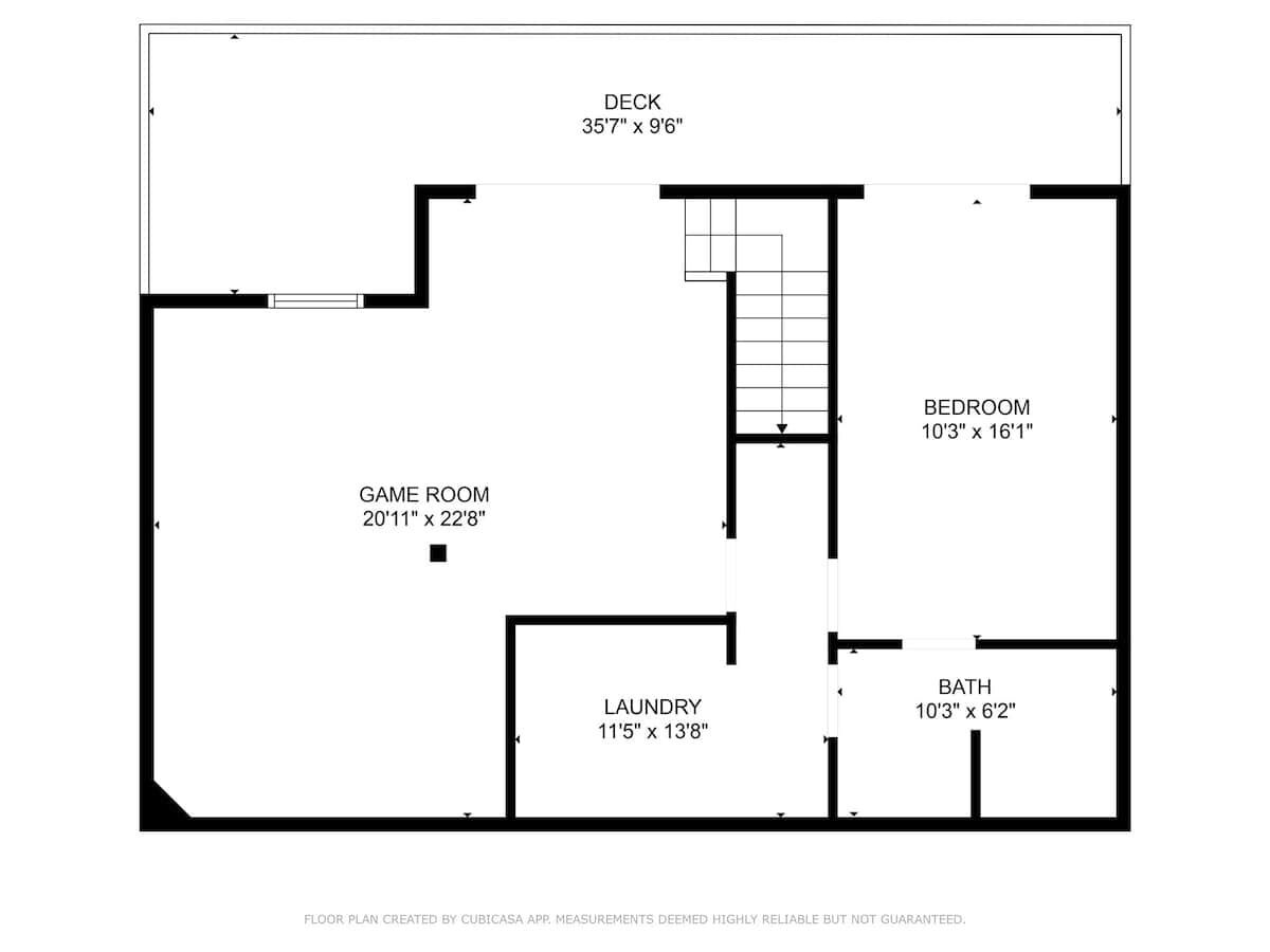 A floor plan with a deck measuring 35'7" x 96", a game room of 20'11" x 22'8", a laundry room of 11'5" x 13'8", a bedroom of 10'3" x 16'1", and a bath of 10'3" x 6'2".