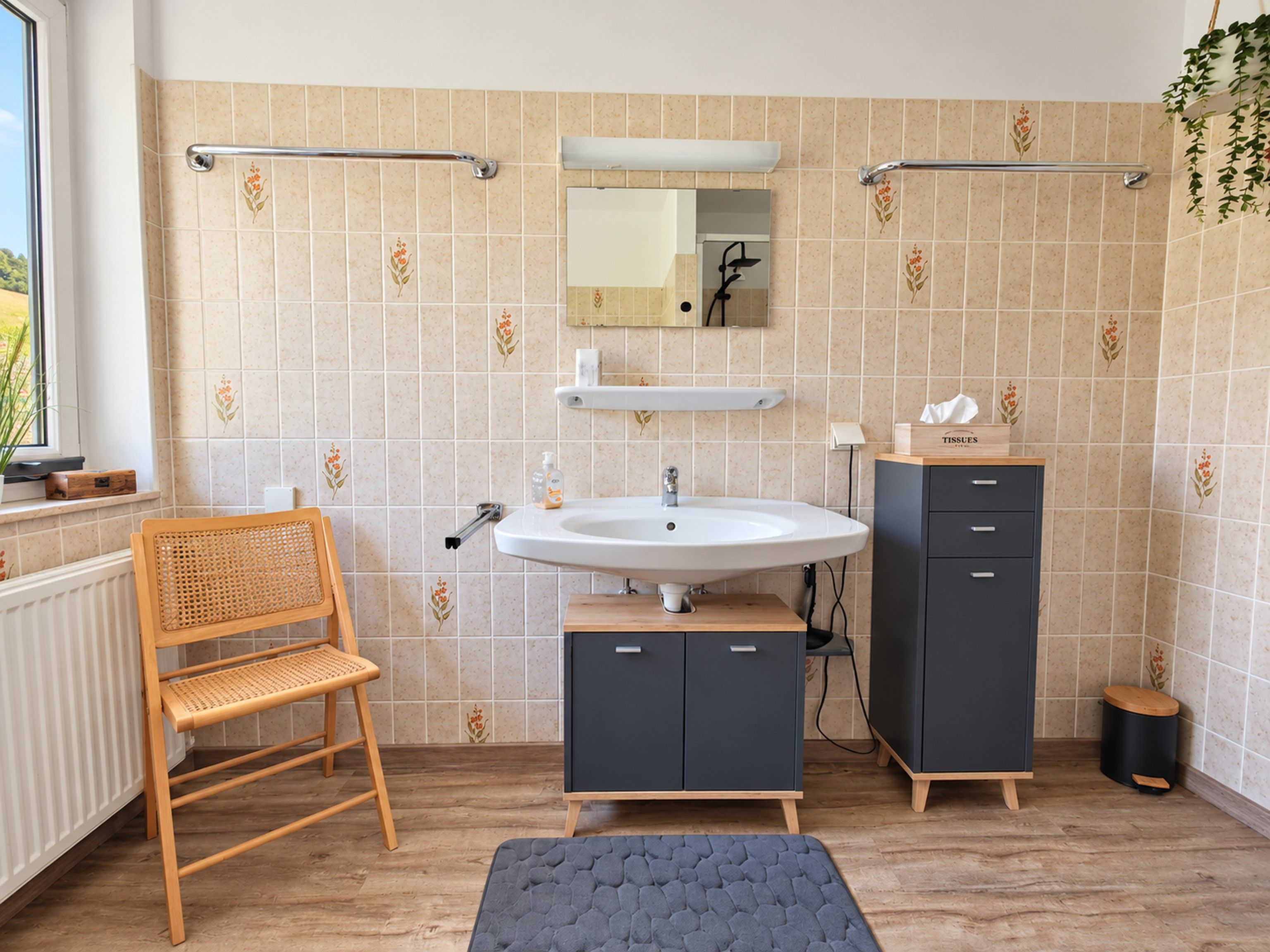 Een badkamer met een witte wastafel, donkere kastjes, een houten stoel en een spiegel boven de wastafel.