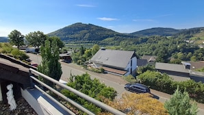 A residential area with a house featuring a sloped roof, surrounded by greenery and a view of a lake and hills.