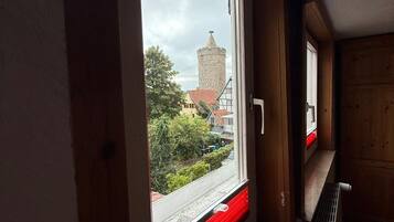 Ein Zimmer mit großem Fenster, Heizkörper und Tür.