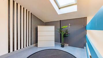 Un couloir moderne avec une lucarne, une plante en pot, un meuble blanc et un mur d’accent bleu.