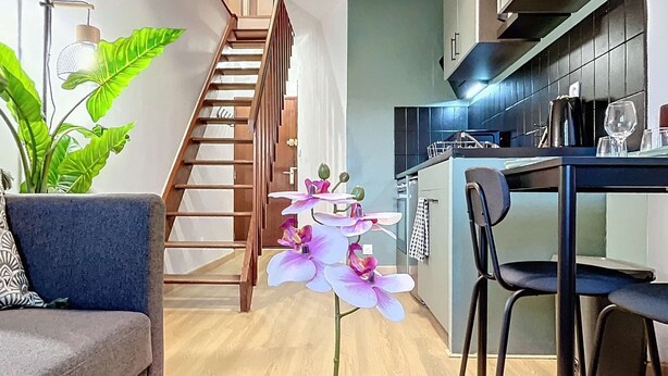 A modern living room with a sofa, a coffee table with a potted orchid, a staircase, and a kitchen area with a dining table and chairs. - [Solstice] Street Art - Duplex - Hypercentre (Pamiers)