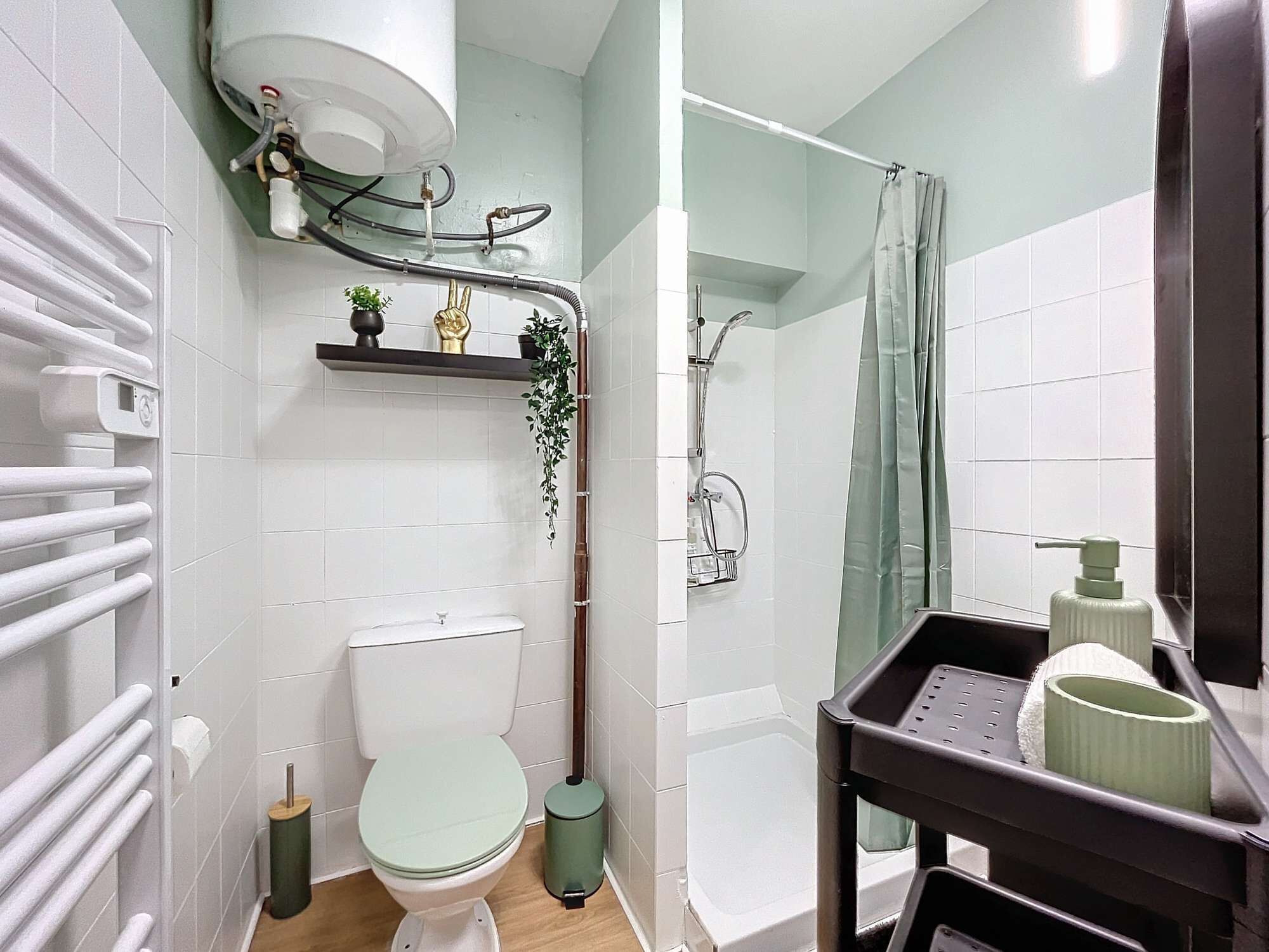 Ein modernes Badezimmer mit Toilette, Dusche und einer kleinen Ablage mit Pflanzen.