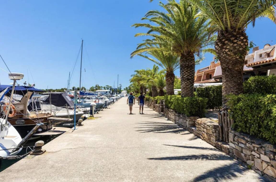 Un port de plaisance avec des bateaux amarrés, une promenade pavée et des palmiers bordant le chemin.