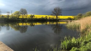 A calm lake with a wooden dock, surrounded by trees and a field of yellow flowers under a cloudy sky. - Rostock-Laage Super nice apartment right on the lake! (Laage)