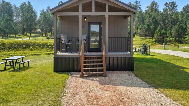 Eine kleine Holzhütte mit Veranda, einer Leiter und einem Picknicktisch.