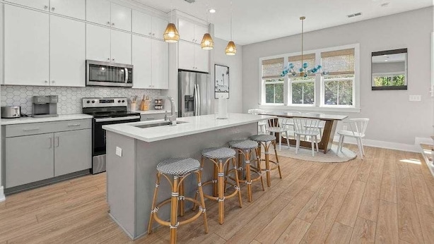 A modern kitchen with white cabinets, stainless steel appliances, and a central island with bar stools. - Sincerely Shem III- 7 min to beach and dtwn CHS (Mount Pleasant)