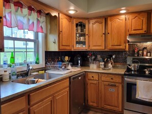 A kitchen with wooden cabinets, a stainless steel sink, and a dishwasher. - Hot Tub + Fishing Pond + King Suite Retreat (8-10) (Thomas)