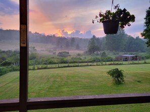 A view through a window of a grassy field with a building in the distance, a hanging plant, and a fence. - Hot Tub + Fishing Pond + King Suite Retreat (8-10) (Thomas)