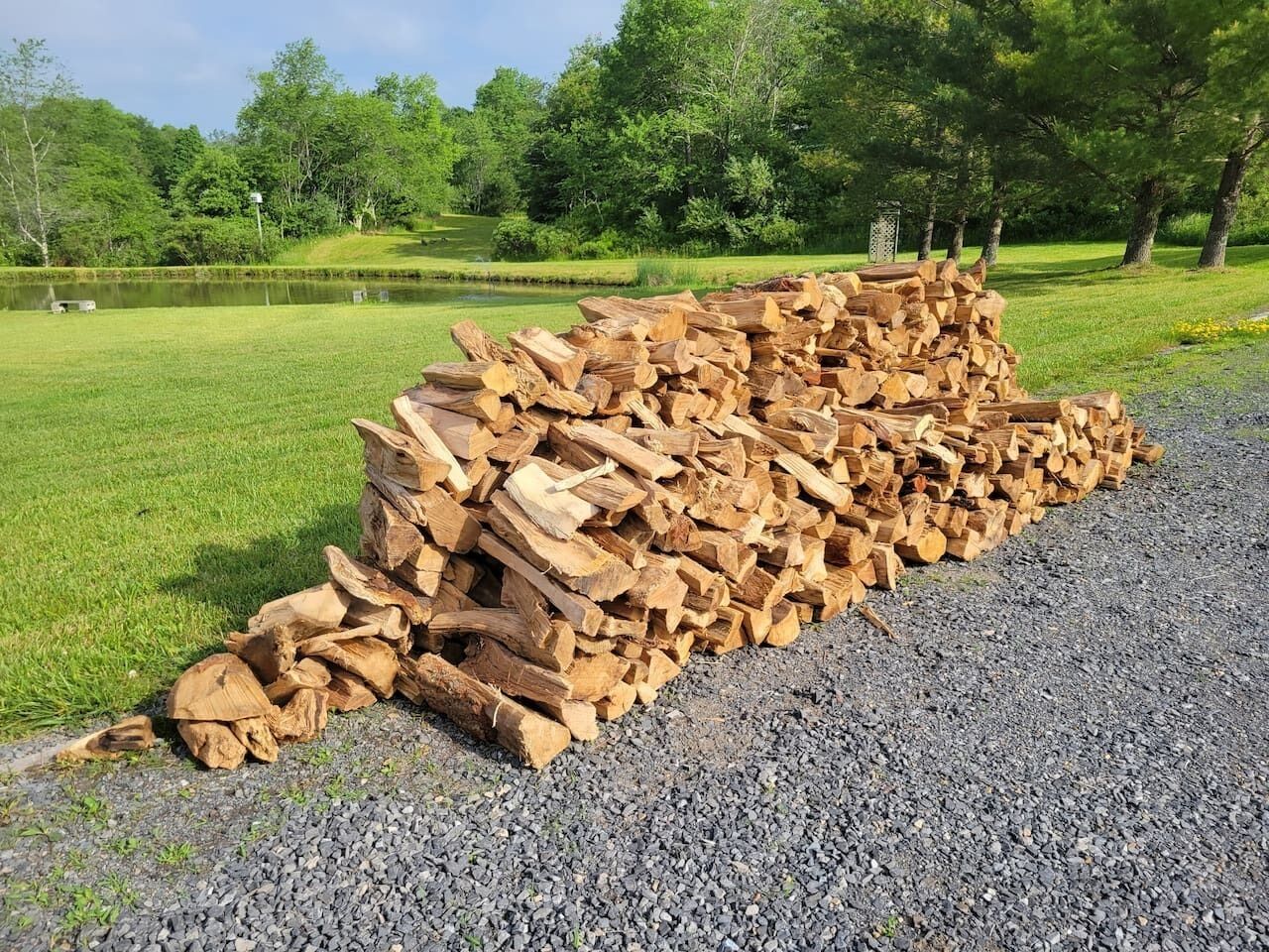 A pile of firewood on a gravel path with a grassy area and trees in the background.