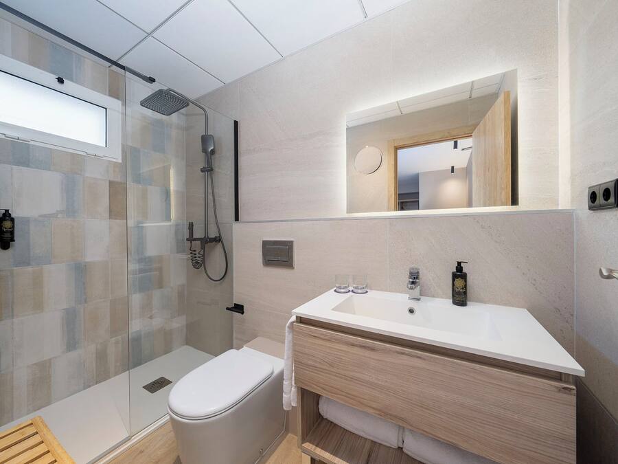 A modern bathroom with a glass shower enclosure, a white sink, and a mirror above the vanity.