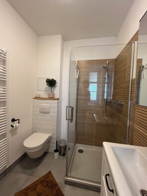 Dusche, Haartrockner, Handtücher, Seife