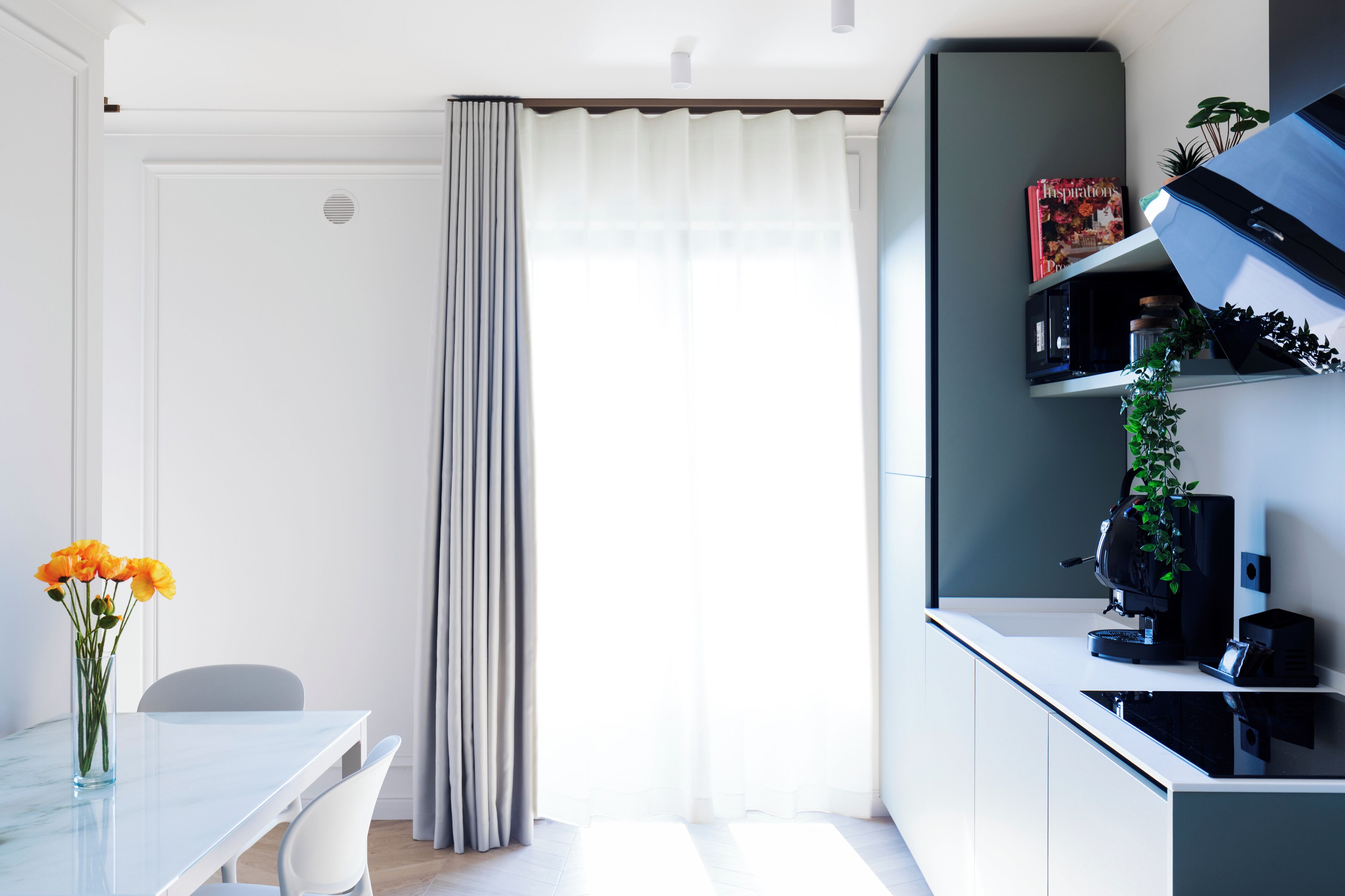 A modern kitchen with a white countertop, a coffee machine, and a potted plant.