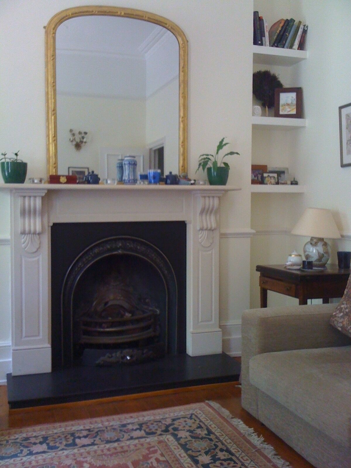 Televisión, chimenea, reproductor de DVD y libros 