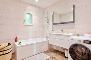 Hair dryer, towels, soap, toilet paper