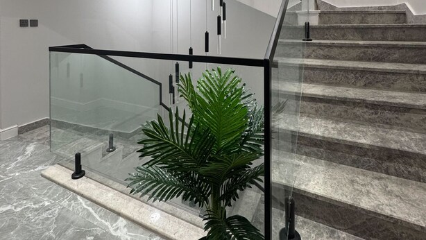 A modern staircase with glass railings and a potted plant at the bottom.