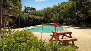 Piscina rodeada de exuberante vegetación, con un banco de madera y una escalera.