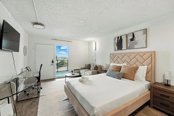 1 bedroom, desk, iron/ironing board, travel cot