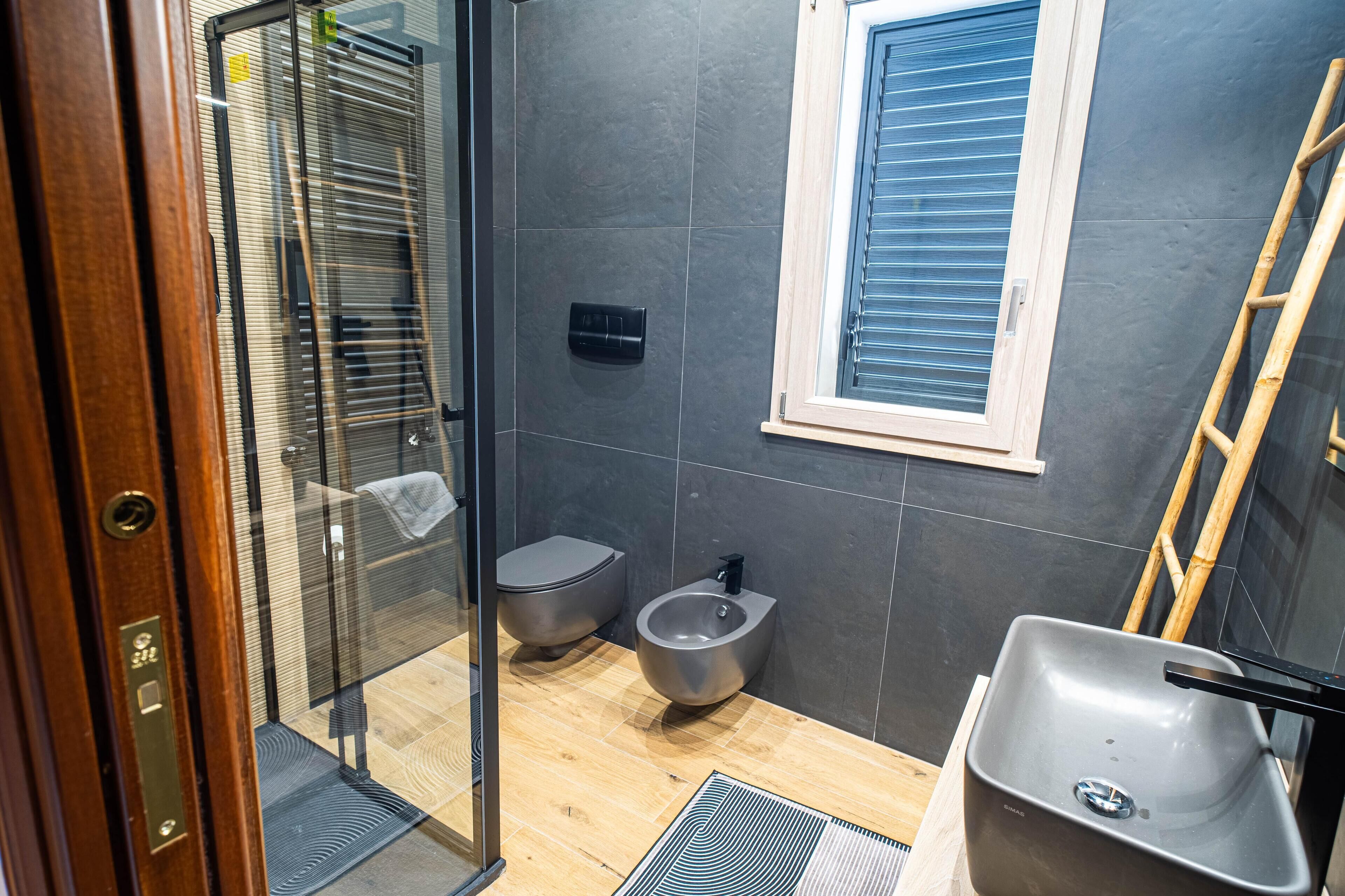 Shower, hair dryer, bidet, towels