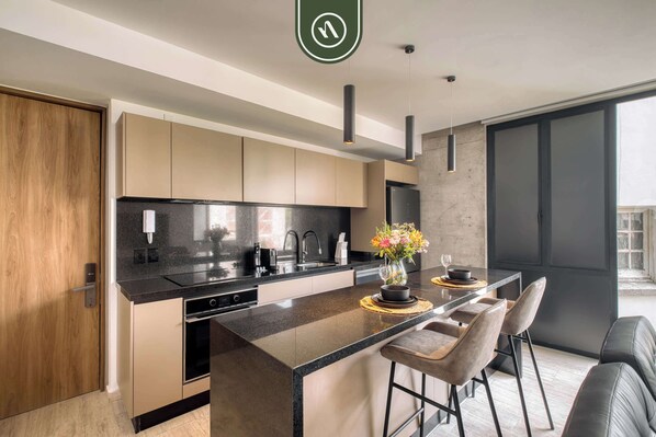 Fridge, microwave, oven, stovetop