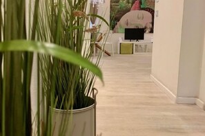 A hallway with a potted plant, a television, and a white chair. - Truly Verona (Verona)