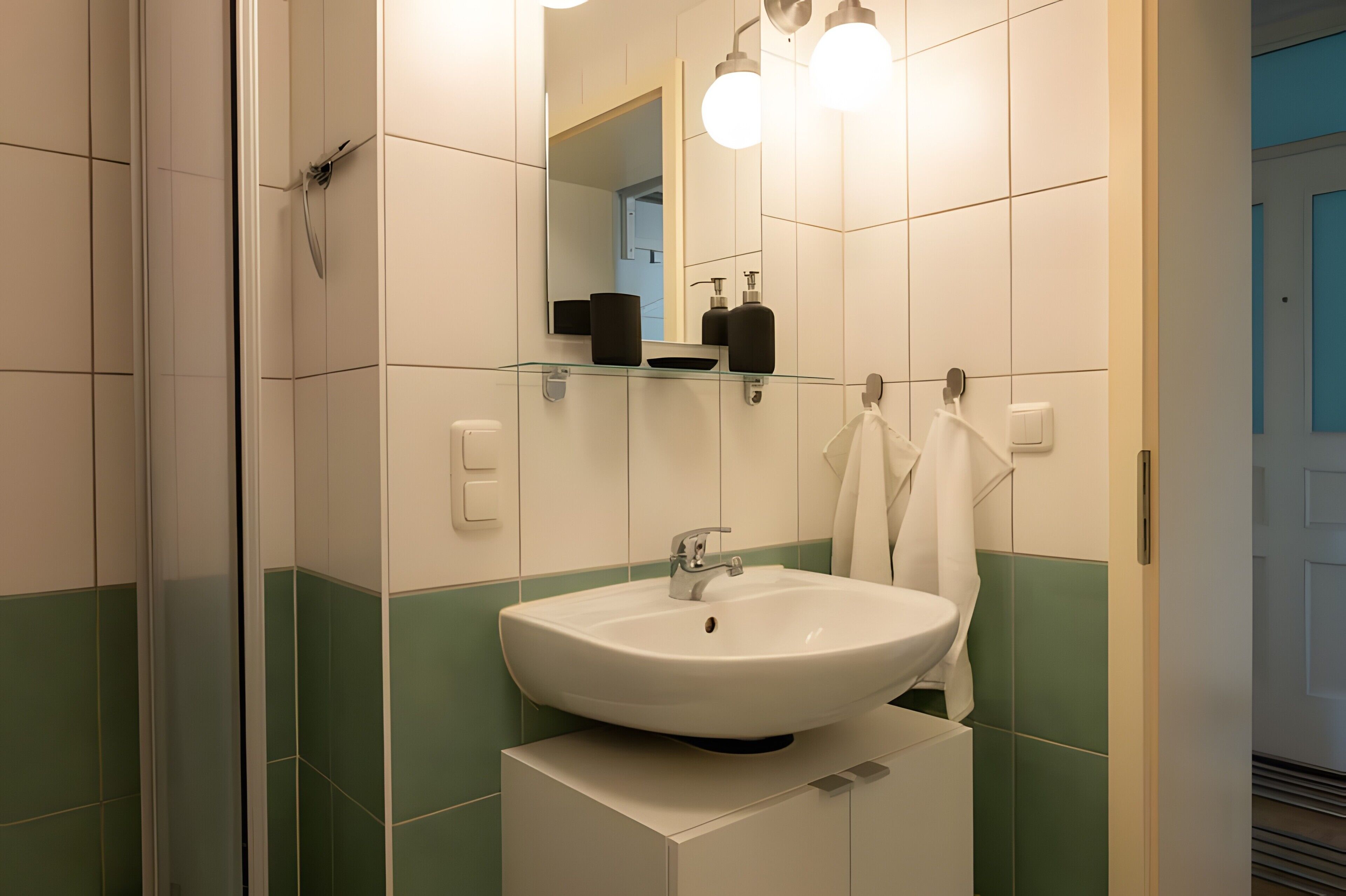 Shower, hair dryer, towels